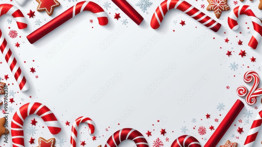 Obraz premium Festive border featuring candy canes, gingerbread, and snowflakes for holiday themes.