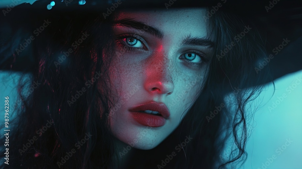 A close-up portrait of a woman with striking blue eyes and lightly freckled skin. The image is set against a dark background with soft, ethereal lighting that casts a blue and pink glow over the subje A close-up portrait of a woman with striking blue eyes and lightly freckled skin. The image is set against a dark background with soft, ethereal lighting that casts a blue and pink glow over the subje