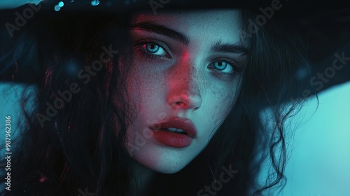 A close-up portrait of a woman with striking blue eyes and lightly freckled skin. The image is set against a dark background with soft, ethereal lighting that casts a blue and pink glow over the subje photo