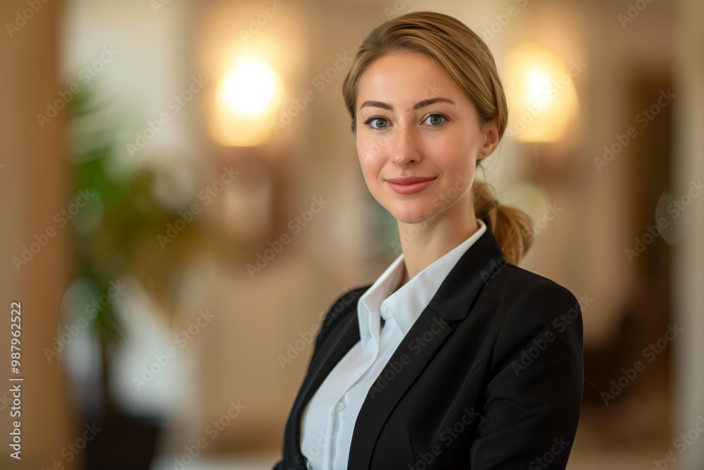 Professional european businesswoman in formal attire with confident smile in office setting. 