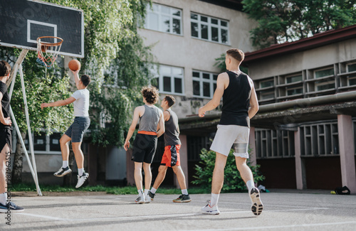 Fototapeta Naklejka Na Ścianę i Meble -  Friends play basketball at a vintage neighborhood court. The image reflects camaraderie, fitness, and the joy of sports on a sunny afternoon.