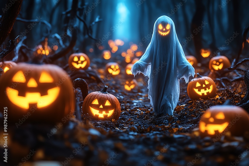 Ghostly figure in a dark forest, surrounded by glowing jack-o'-lanterns and dead, twisted trees Ghostly figure in a dark forest, surrounded by glowing jack-o'-lanterns and dead, twisted trees