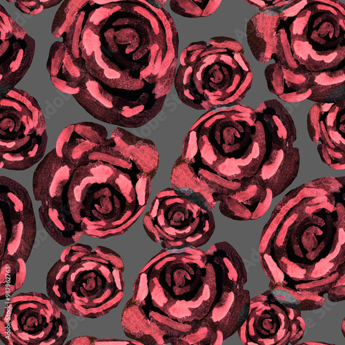 Red glowing flowers of roses seamless pattern on gray background. For home decor, modern interior, beauty package, textile, wallpaper, fabric, bedding, package, outerwear.