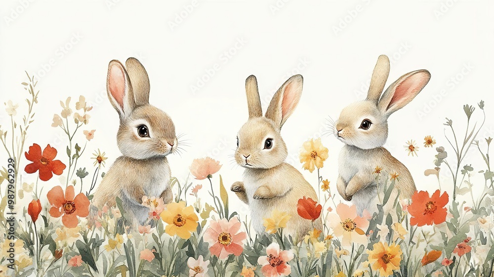 Fototapeta premium Three adorable rabbits surrounded by colorful flowers in a tranquil and charming setting, perfect for nature lovers.