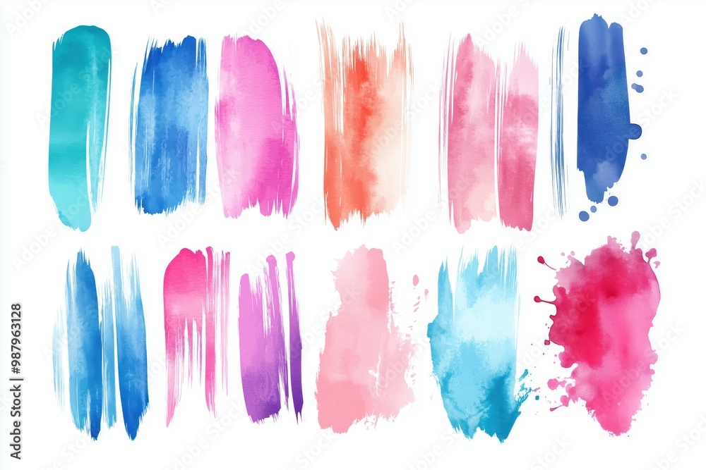 Fototapeta premium Vibrant abstract watercolor brush strokes and splashes in a variety of bright colors on a white background.