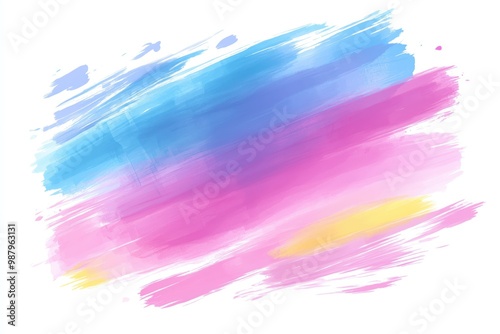 Abstract watercolor brush strokes in blue, pink, and yellow on a white background.