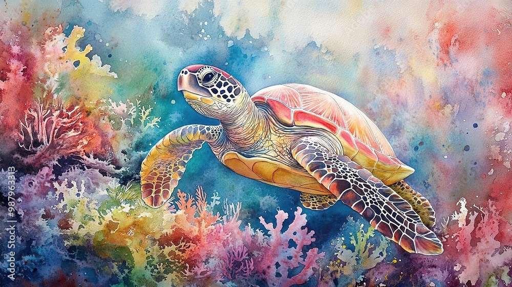 Fototapeta premium A vibrant watercolor painting of a sea turtle swimming gracefully among colorful coral reefs.