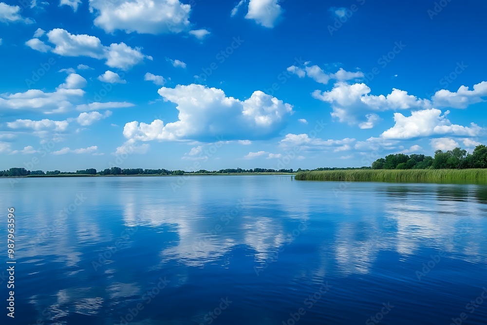 Blue sky with white clouds reflecting on the water surface of a lake. Summer landscape with water reflection Blue sky with white clouds reflecting on the water surface of a lake. Summer landscape with water reflection