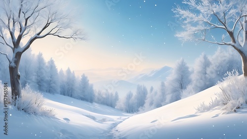 Abstract background of a snowy landscape with snow covered mountains, trees and a path between them with footprints on it.