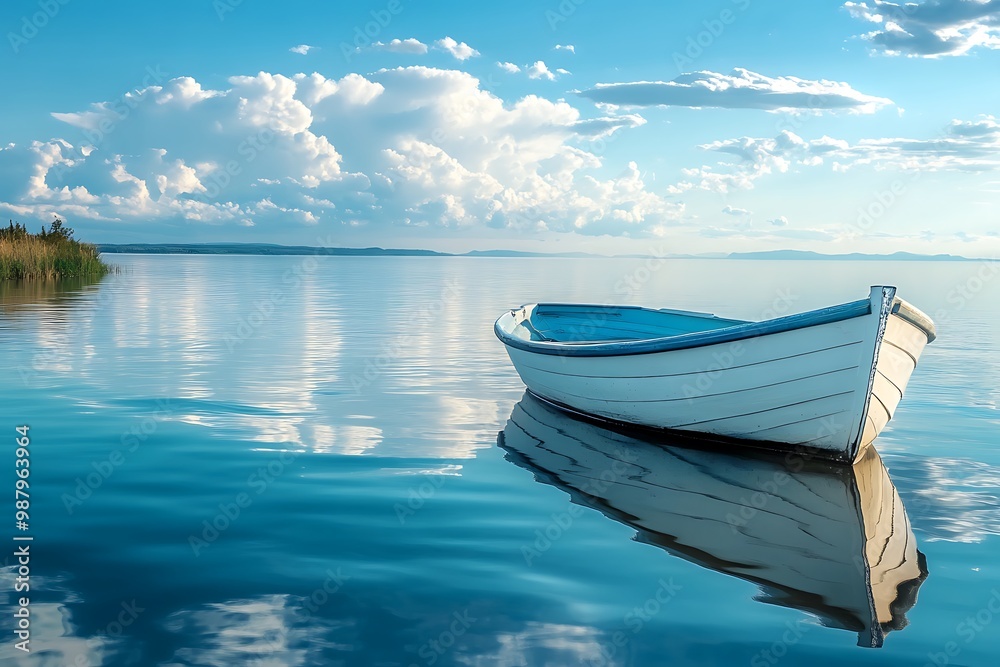 Peaceful Rowboat on Calm Lake with Blue Sky and Clouds Peaceful Rowboat on Calm Lake with Blue Sky and Clouds