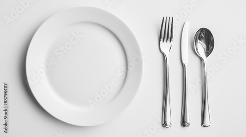 A white plate with spoons and forks arranged neatly on a dining table, with a clean, realistic background that emphasizes simplicity and elegance