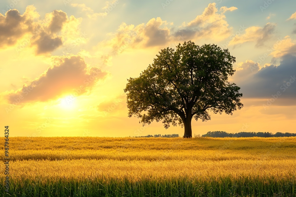 Fototapeta premium Solitary tree in golden field at sunset