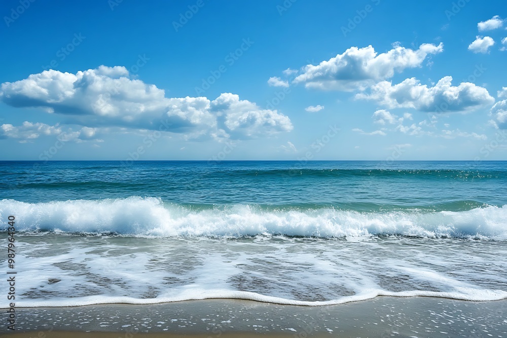 Blue Ocean Waves Crashing on Sandy Beach with White Clouds and Blue Sky Blue Ocean Waves Crashing on Sandy Beach with White Clouds and Blue Sky