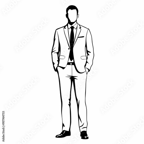 Outline businessman in suit standing confidently with hands in pockets