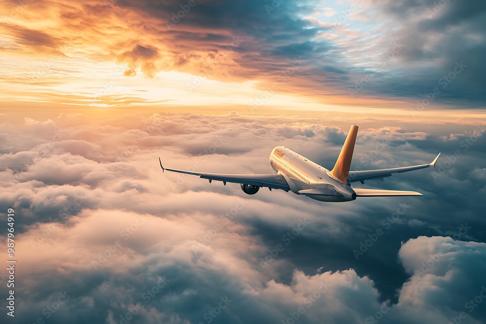 Airplane flying above the clouds at sunset with golden light and dramatic sky Airplane flying above the clouds at sunset with golden light and dramatic sky