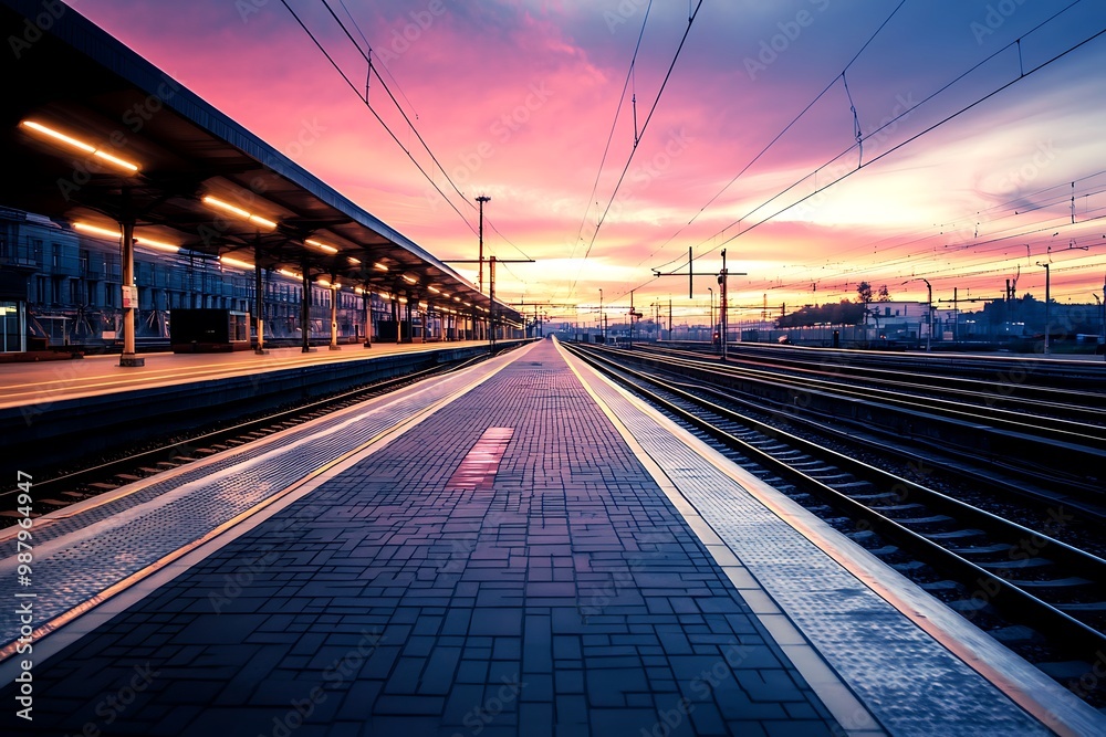 Empty train platform at sunrise with pink and purple sky, travel and transportation concept Empty train platform at sunrise with pink and purple sky, travel and transportation concept