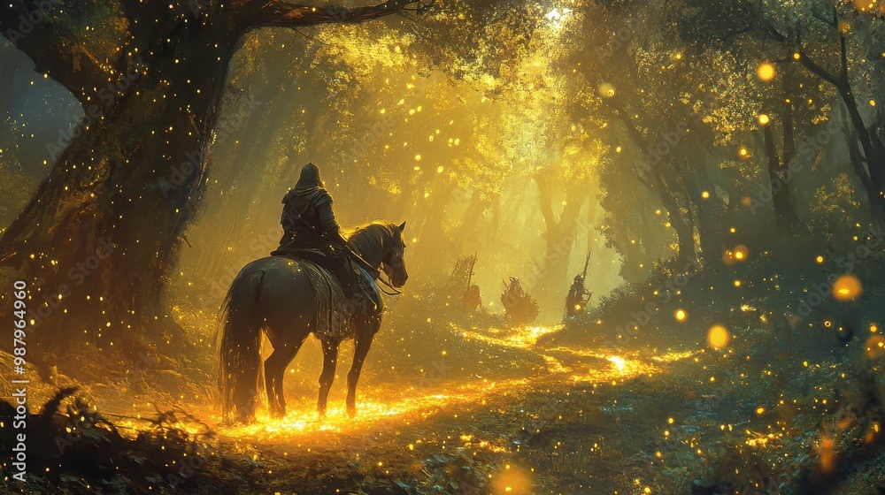 A medieval knight riding a magical horse through a glowing forest, with ...
