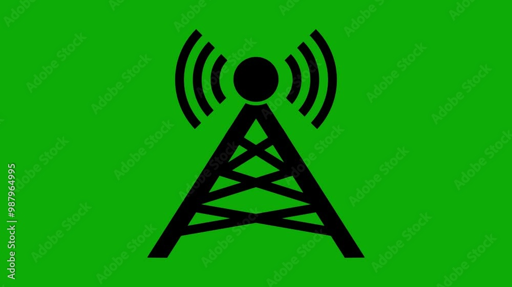 Network, Communication Coverage. Cell, Radio Signal Tower Icon Animation on Green Background