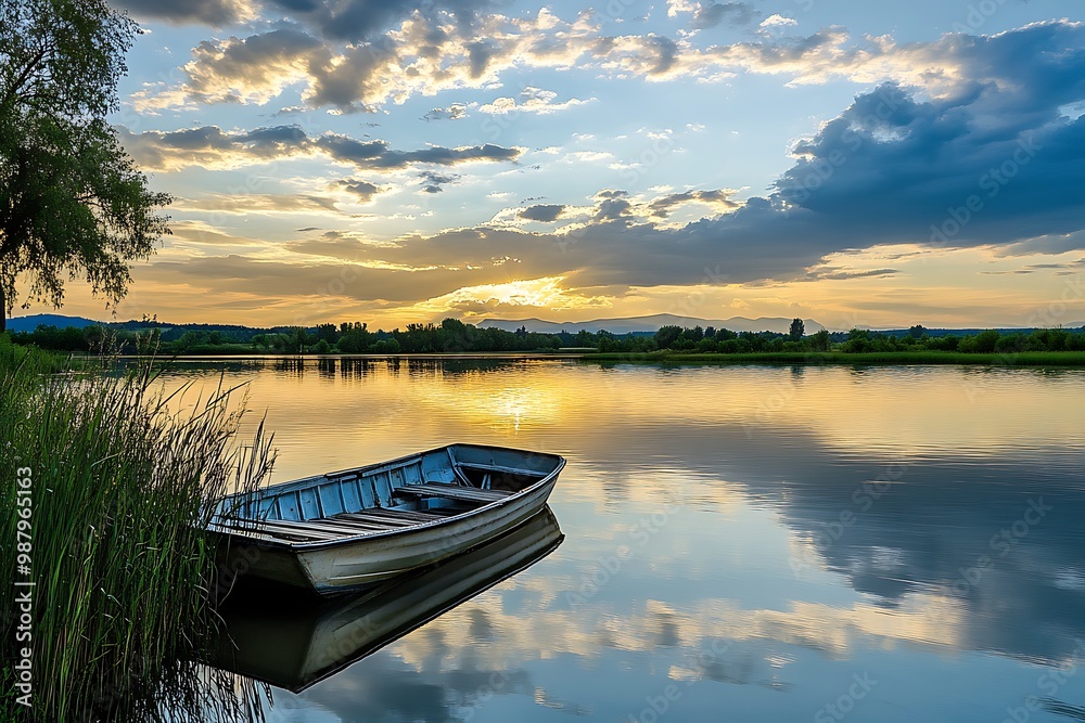 Fototapeta Lonely Rowboat on Tranquil Lake at Sunset