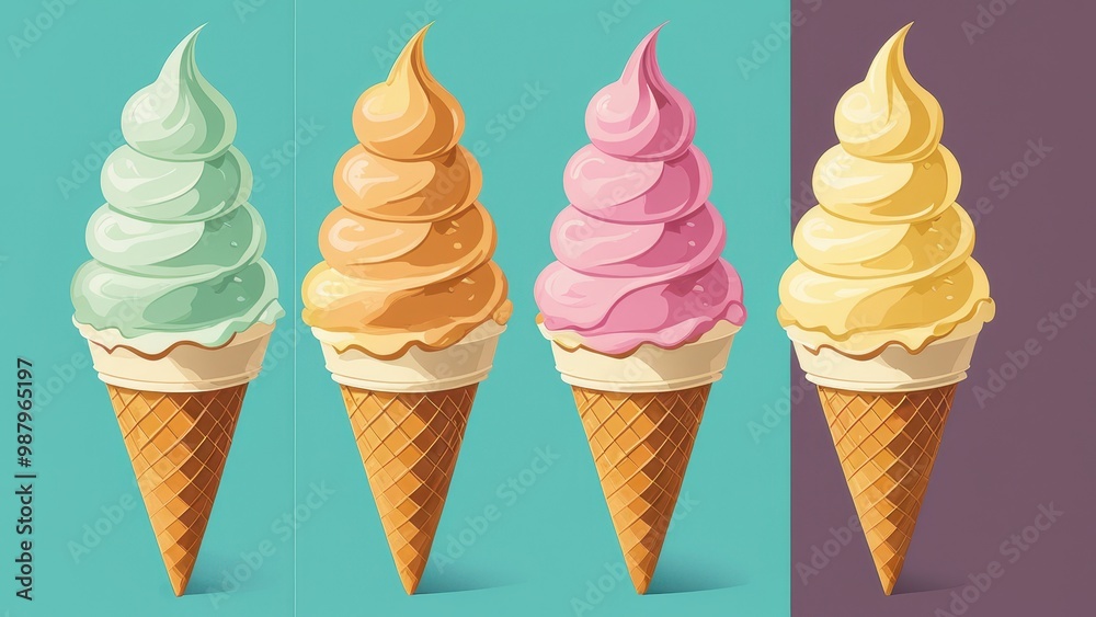 Four colorful ice cream cones with swirled toppings against vibrant backgrounds. Four colorful ice cream cones with swirled toppings against vibrant backgrounds.