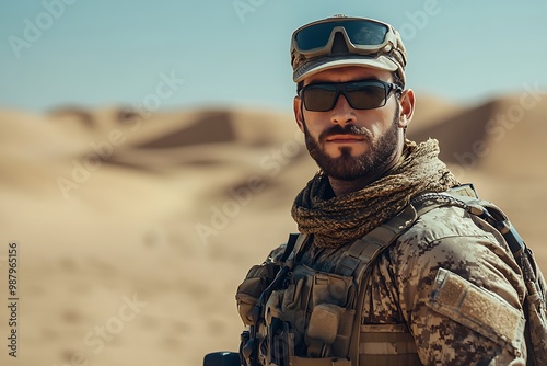 Close-up portrait of an army person with colleagues softly blurred in the background. photo