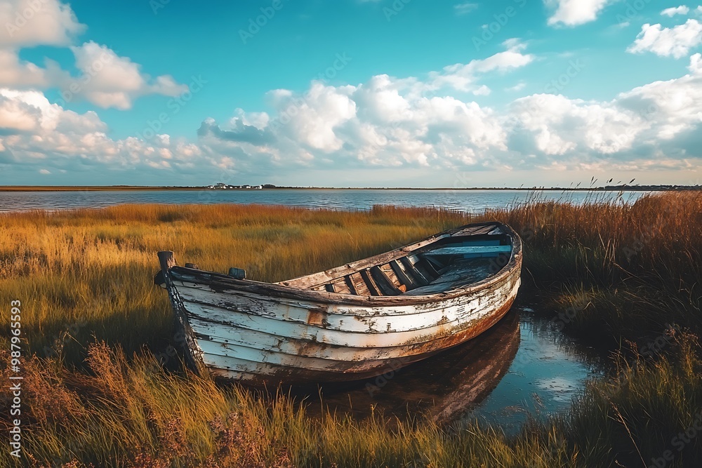 Rustic wooden boat resting on a grass bank with blue water, clouds, and a sunny sky in the background Rustic wooden boat resting on a grass bank with blue water, clouds, and a sunny sky in the background