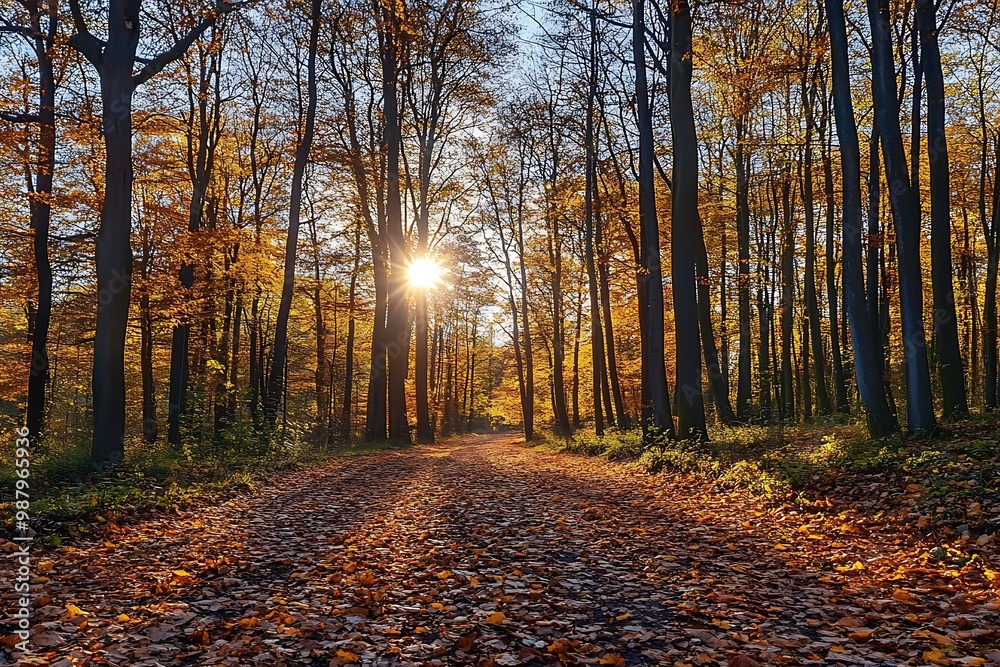Obraz premium Sun shining through trees in a forest pathway with autumn leaves