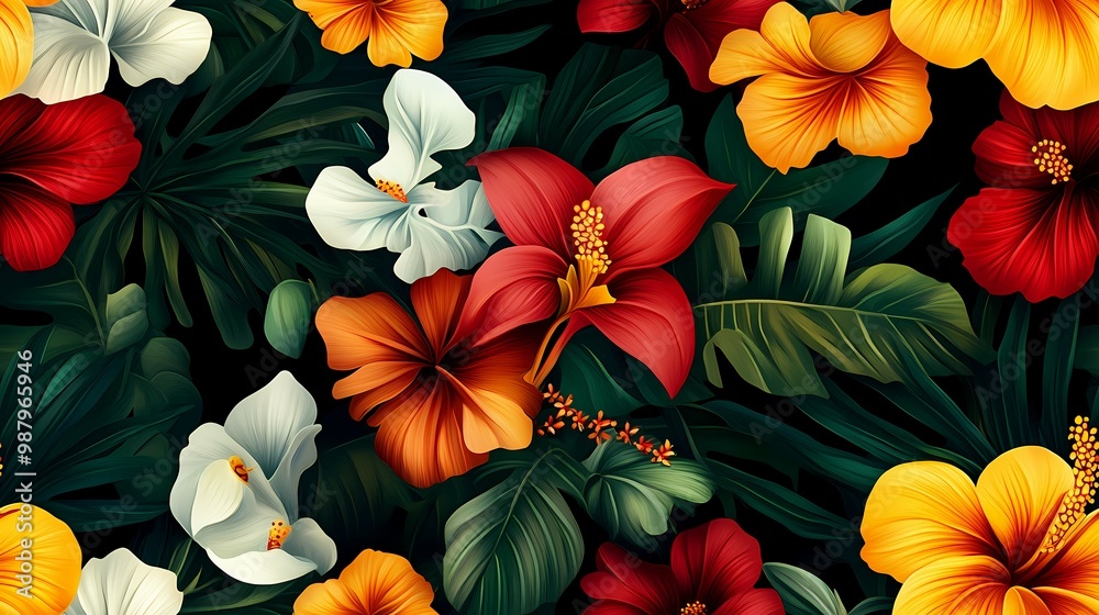 Vibrant Tropical Flowers and Lush Green Foliage Pattern Vibrant Tropical Flowers and Lush Green Foliage Pattern