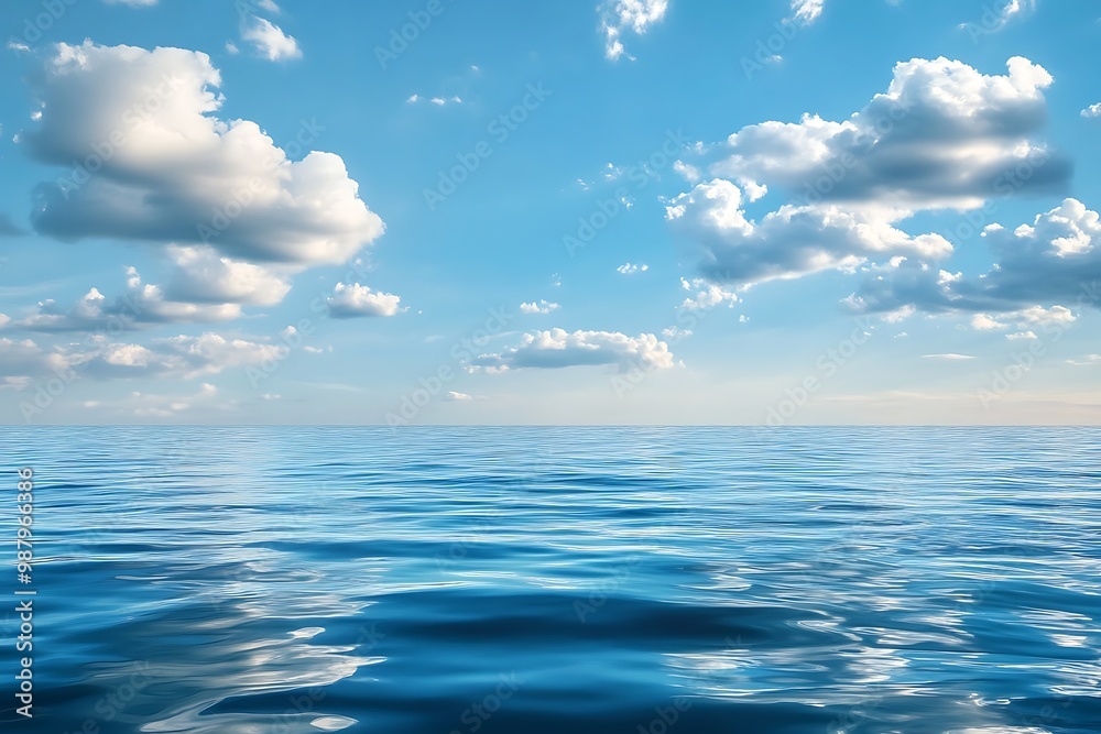 Obraz premium Calm ocean with white clouds on blue sky, seascape background photo