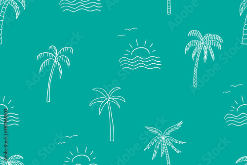 Seamless pattern of different palm trees and suns in doodle style. Summer time. Travel design. Adventure. Paradise. Hand drawn. Great for prints, poster, banner and professional design
