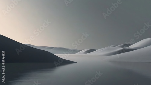 Silent Serenity: An ethereal panorama unfolds as tranquil waters reflect rolling hills, all bathed in the soft embrace of a subdued and mysterious light.