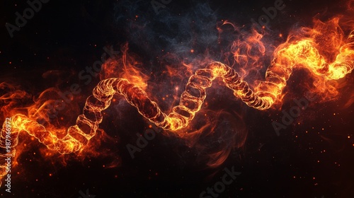 Fiery DNA Helix, an enchanting blend of vibrant flames and swirling smoke illustrating the complex structure of genetic material in a striking and captivating manner