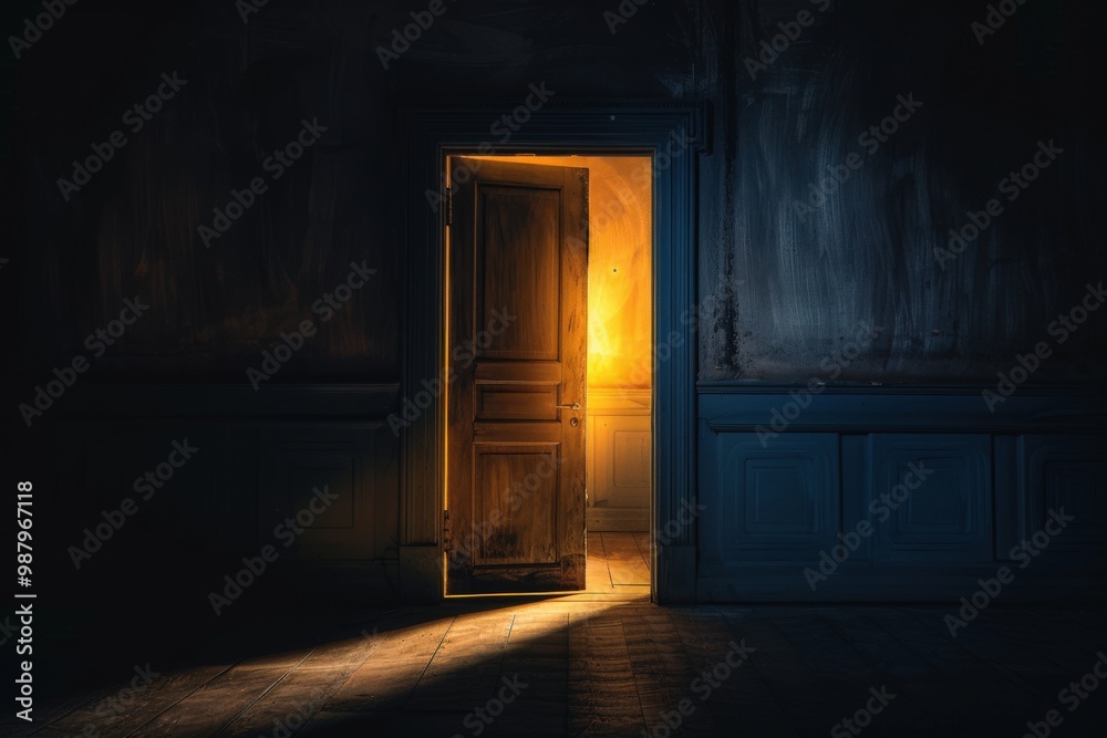 A dark room with a door that is open, letting in a bright light generative ai A dark room with a door that is open, letting in a bright light generative ai