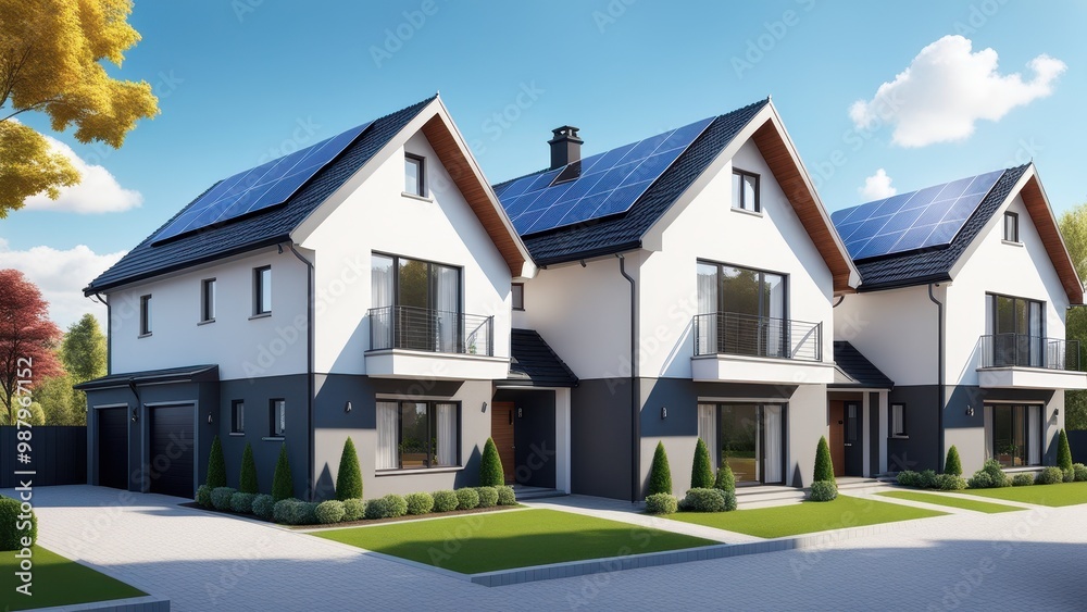 Modern homes with solar panels and landscaped gardens in a suburban setting. Modern homes with solar panels and landscaped gardens in a suburban setting.