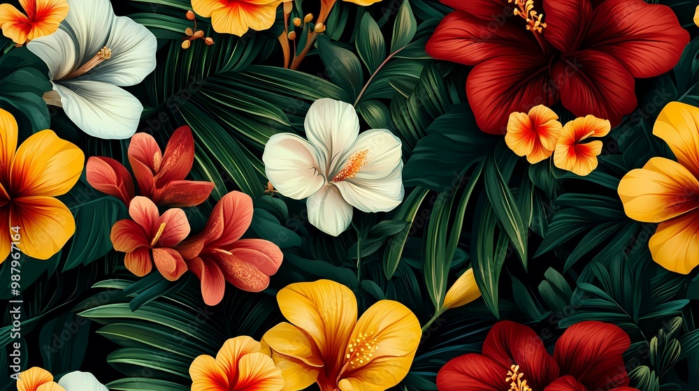 Vibrant Tropical Floral Pattern with Red, Yellow, and White Flowers Vibrant Tropical Floral Pattern with Red, Yellow, and White Flowers