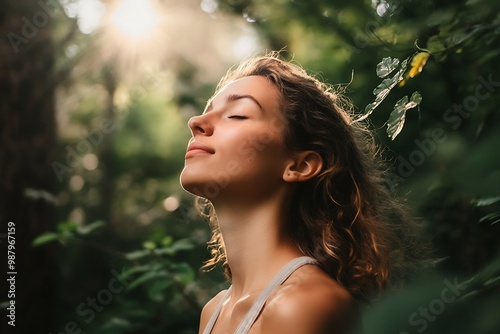 close-up of a girl meditating with her eyes closed, looking up.