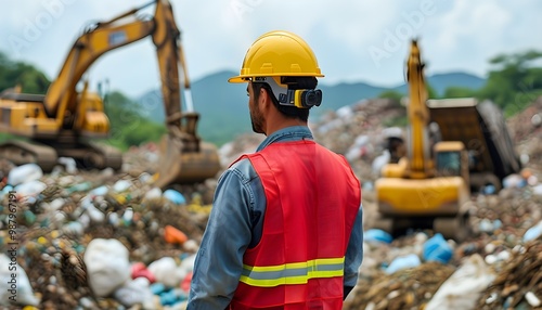 Construction worker overseeing busy junkyard with heavy machinery in background, dressed in red vest and yellow hard hat