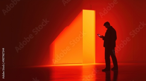 Silhouette of a man using a tablet in a dimly lit room with dramatic orange lighting.