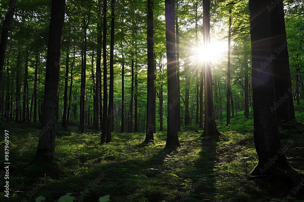 Obraz premium Sun shining through trees in dense green forest. Tranquil woodland scenery, nature background, summer morning sunlight
