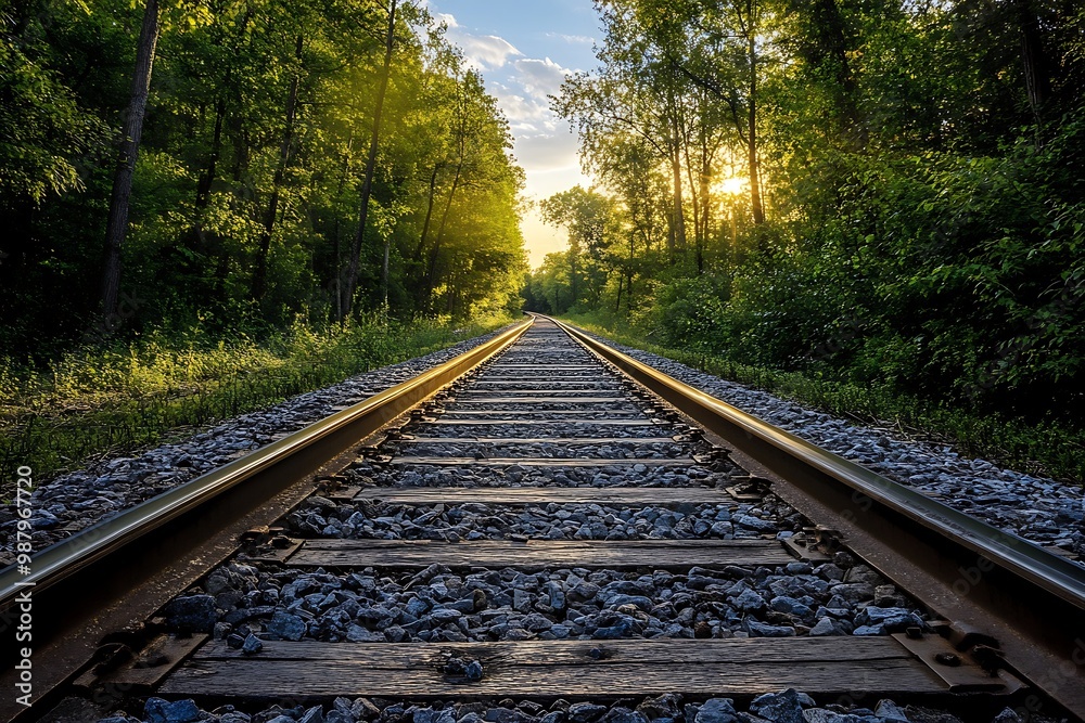 Fototapeta premium Train Tracks leading to a Forest Sunset