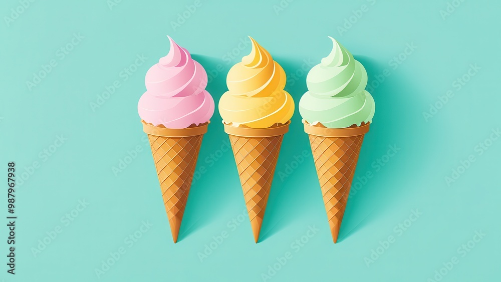 Three colorful ice cream cones on a light blue background. Three colorful ice cream cones on a light blue background.