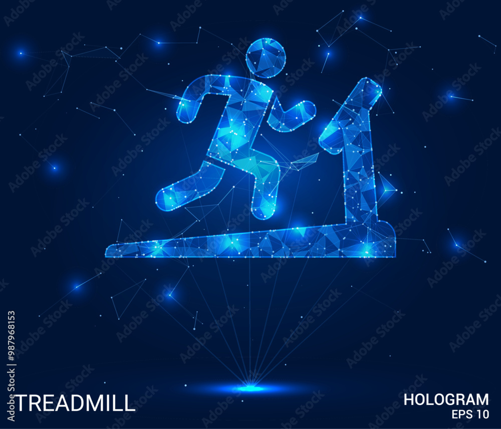 Naklejka premium Hologram treadmill. Treadmill made of polygons, triangles, dots, and lines. Low-poly treadmill structure of connections. Technology concept vector.