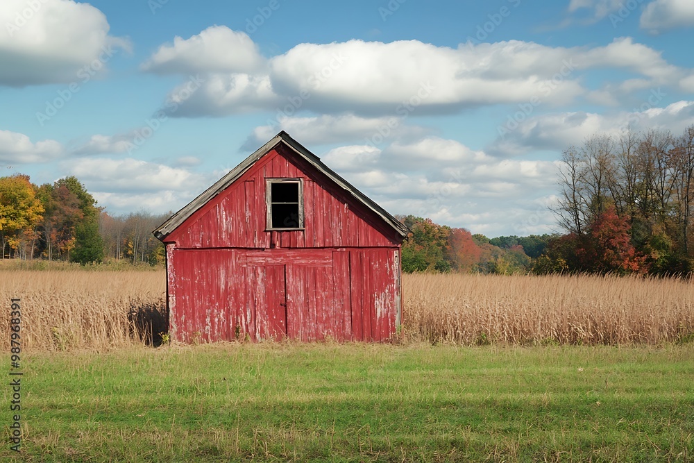 Rustic Red Barn in a Field with Blue Sky and Fluffy Clouds Rustic Red Barn in a Field with Blue Sky and Fluffy Clouds