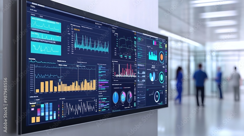 A high-resolution image of a hospital management dashboard on a large screen, showing various metrics such as patient flow, staff allocation, and resource management. A high-resolution image of a hospital management dashboard on a large screen, showing various metrics such as patient flow, staff allocation, and resource management.