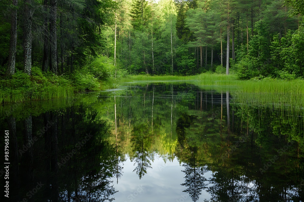 Tranquil forest lake reflecting the trees and sky, scenic woodland pond surrounded by lush green foliage Tranquil forest lake reflecting the trees and sky, scenic woodland pond surrounded by lush green foliage