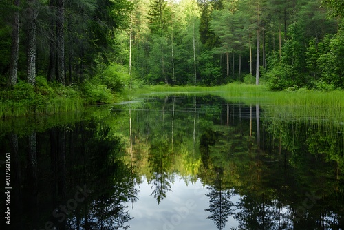 Tranquil forest lake reflecting the trees and sky, scenic woodland pond surrounded by lush green foliage