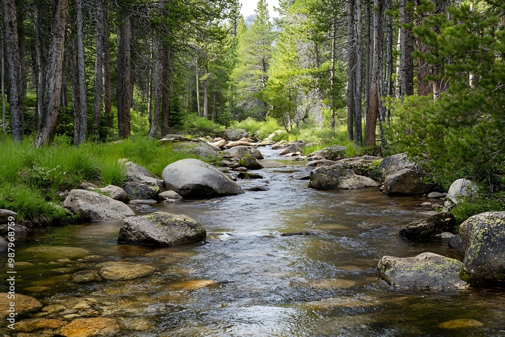 Tranquil creek flowing through a lush green forest with rocks and trees Tranquil creek flowing through a lush green forest with rocks and trees