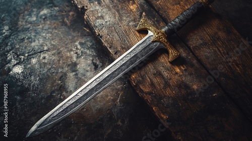 Intricate Sword Display on Rustic Table, close-up view showcasing exquisite craftsmanship and rich textures of the sword against a warm wooden background