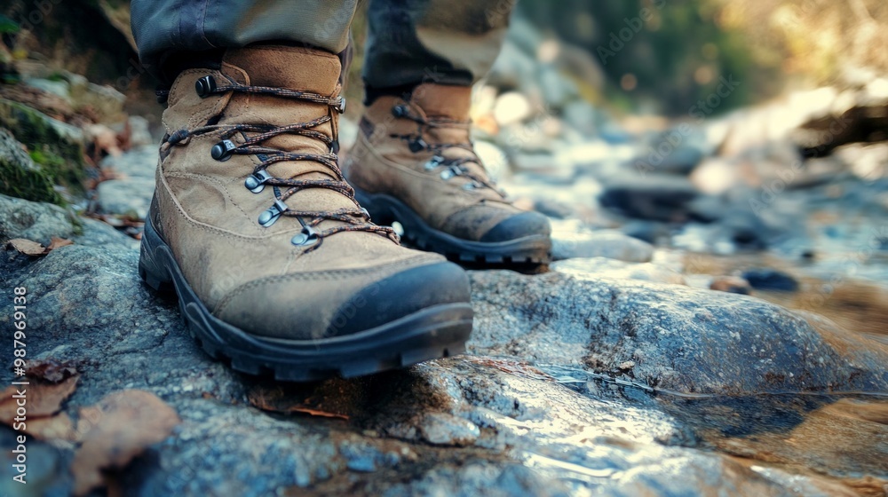 Hiking Boots on Rocky Trail, close-up view highlighting the rugged texture of the terrain and durable footwear used for outdoor adventures and exploration Hiking Boots on Rocky Trail, close-up view highlighting the rugged texture of the terrain and durable footwear used for outdoor adventures and exploration