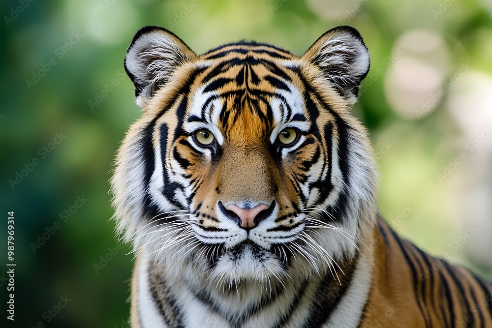 Close up portrait of a majestic tiger staring directly at the camera in a green jungle setting Close up portrait of a majestic tiger staring directly at the camera in a green jungle setting